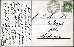 99. 5 øre Posthorn på postkort, annullert med 4-rings "800" (Kjønnefoss, Nissedal, TE). Inneholdet tilsier stedet.