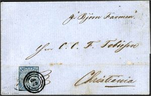 1. 4 skilling våpen 1855 på brevomslag, annullert med nummerstempel "49" (Drøbak, AK)) og ved siden håndskrevet "pr Bjørn Farmand" og sendt til Christiania. Omslaget er datert 27 September 1856. Merket med smale marger.