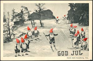 14 Julenisser som står på ski. Abels kunstforlag. Liten skade nede til høyre. K-2