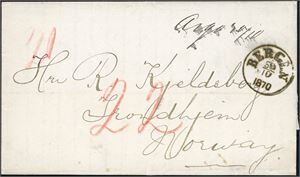 Komplett ufrankert brev, datert Manchester, påskrevet "Argo 30"10" som bragte brevet over til Bergen, der det ble stemplet "Bergen 30.10.1870" og deretter sendt til Trondhjem.