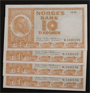10 kroner 1970 Norge 0 W5420155/58, 4 stk, tellemerke på 57