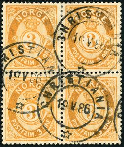41. 3 øre 21 mm i 4-blokk, stemplet "Christiania 19.5.86". Blokken er oksydert.