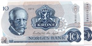 10 kroner 1977 HW og HØ erstatningssedler. Kv.0