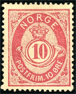 38 xX. 10 øre Posthorn 1883 på papir fra Moestue. Attest FCM. (6.000,-).
