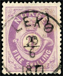 19 II. 4 skilling Posthorn. Fargefriskt merke, rettvendt fullstemplet "Lekø 20.6.1877" (NT).