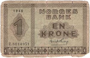 1 krone 1948 Z.8014951 8-million erstatningsseddel. Kv.1-/2