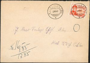 362. 25 øre Postjubileum på konvolutt, annullert med hjelpestempel "Hatfjelldal 23.8.47" (NO).