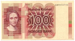 100 kroner 1977 QD. Erstatningsseddel. Kv.1+/01