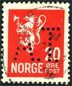 145. 20 øre Løve II med perfins "A.T." (Arendal Tollsted).
