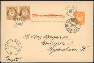 3 øres Brev-Kort, oppfrankert med to 2 øre Posthorn, annullert med 3-rings "385" (D/S Flink) og 4-rings "396" (D/S Flosta, Tvedestrand-Arendal) og sendt til Danmark. Ved siden stemplet "Tvedestrand 10.7.36".
