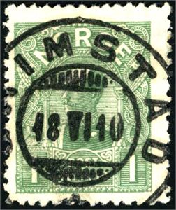 89. 1 kr Haakon 1907, pent stemplet "Grimstad 18.6.10".