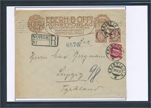 Nk 100 og 102 x2 på rekbrev stemplet "KRISTIANIA 18 XII 15" til Berlin, Tyskland. Pen firmalogo "Eberh. B. Oppi Kunstforlag"