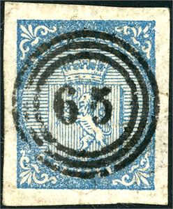 1. 4 skilling våpen 1855, anert med rettvendt nummerstempel "65" (Fet, AK, 9 pkt). Gode marger.