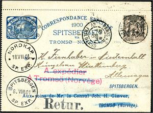 Giævers´s private stationary "1900 Spitsbergen via Tromsø-Nordkap", franked with a French 25 c stamps, cancelled "Paris av. Friedland 5 Sept 00" and sent to Germany. The stationary are also with a "Tromsø" cds. Dekorativ item. Ex. The Erivan collection.