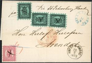 6,9. 64 Kopek porto til Norge. Tre 8 Kop og en 40 kop på brevomsalg til Arendal, hvert merke er anert med blekkryss, og ved siden stemplet "Uleåborg 11.9.1872", skipsstempel fra "Kronprinsesse Louise" samt "Hmfst G Hmbrg 22.9.1872". Omslaget er påskrevet "Via St Petersburg Hamburg" i øvre del. Russisk transittstempel på baksiden. Attest Cyril Schwenson.