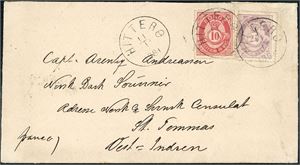 25, 28. 35 øres porto til Vest India. 10 øre- og 25 øre skravert Posthorn på konvolutt til St. Thomas, stemplet "Hiterø 11.1.1881". På baksiden stempler fra "Flekkefjord", "Ligne Paq. Fr." og "St Thomas 6.2.1881".