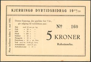 Kjerringø Dyrtidsbidrag 1919/20. 5 kroner Rabatmerke. 1/1+