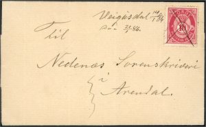 53. 10 øre 20 mm på liten konvolutt, anert med blekkryss, og ved siden håndskrevet "Veigusdal 14/1 86" og sendt til Arendal.