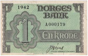 1 krone 1942 A.000179 London Utg. Kv.01