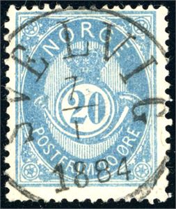 40 II. 20 øre blå 1883, pent stemplet "Svelvig 7.1.1884".