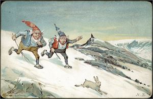 N.B. (Bergslien). Nisser jakter hare. Med Jule- og Nyttårshilsen. K-2