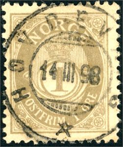 59. 1 øre grovtagget Centraltrykkeriet, pent fullstemplet "Hovdevaag 14.3.98".