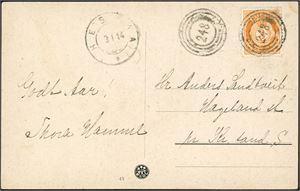 98. 3 øre Posthorn på postkort, annullert med 4-rings "248" (Broneset, Laudal. VA), og ved siden stemplet "Hessaa 3.1.14".