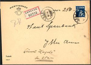 154. 60 øre Løve på bankokonvolutt (Kr 250,-), annullert med hjelpestempel "Lonevåg 18.7.44". Baksiden med oblatstempel "3079". Frimerket med kort hjørnetagg.