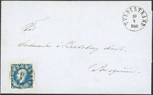 4. 4 skilling Oscar på brev, pent fullstemplet "Tvedestrand 30.4.1860".