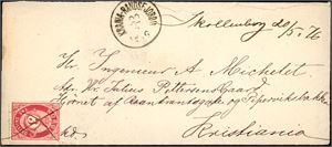 18. 3 skilling Posthorn på liten konvolutt, annullert med blekkryss, og ved siden skrevet "Skollenborg 20/5 76 " samt stemplet "Krania-Randsfjord II 20.5.1876". En rift i konvoluttens øvre kant.
