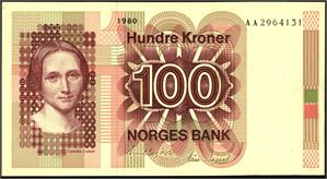 100 kroner 1980, serie AA 2964131. 0 med ørlite tellemerke