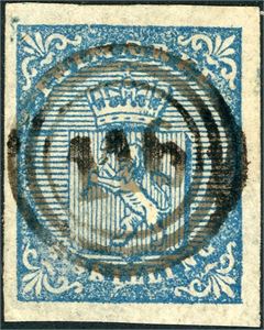 1. 4 skilling Våpen 1855, annullert med nummerstempel "116" (Hjelmeland, RO, 10 pkt). Normale marger.