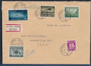 NK 240,319,321,323 og 325 på flott banko brev st "Kvikne-Skåbu 13-1-45". Postoblater med privat stempel bak. Flott objekt