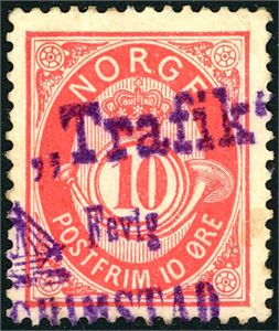 53 III. 10 øre 20 mm, anert med del av det private dampsskipsstemplet "Trafik, Arendal Grimstad".