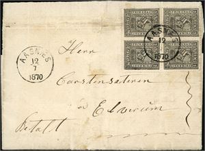 11. 1 skill 1 i fireblokk på komplett brev, stemplet "Aasnæs 12.7.1870". En horisontal arkivbrett går gjennom blokken, men sees lite.