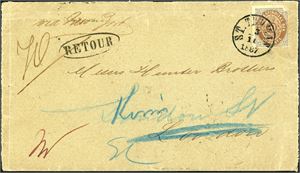 DWI. 10 c bicoloured on envelope, cancelled "St. Thomas 3.11.1887" and sent first to London via New York. Then sent to Denmark (Korsør), and "Kopenhagen" and then returned to "St. Thomas 28.1.1888". The envelope are open at both sides for exhibition and the stamps has faults.