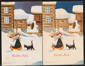 AUKRUST. Jente og katt på tunet. 2 kort m/ulik bakside (se scan). (Mittet N 2736). Kv. 1-2