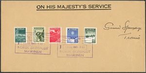 333-337. Fem valører av Londonmerkene (10 øre t.o.m. 40 øre) på konvolutt, stemplet "JM 10 jul 1945 - 115 Norsk Skipspost Marinen" (Jan Mayen).