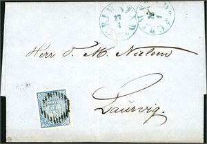 1. 4 skilling Våpen 1855 på komplett brev til Laurvig, anert med riststempel og ved siden to avtrykk "Grimstad 27.1.1856". Merket med tre gode- og en normal marg. En svak vertikal arkivbrett berører ikke merket.