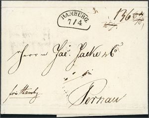 Brevomslag, datert Bergen den 23. Marz 1830 og sendt til Pernau, Russland. Påskrevet "franco Hambg" og stemplet "Hamburg 7/4" på forsiden. Total porto 62 skilling.