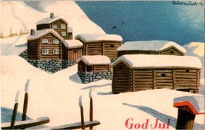 AUKRUST. Gårdstun med masse snø (Oppi 559/4). Litt stpl.smuss foran. Stpl i 49. Kv. 2