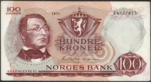 100 kr 1971, serie X 6127873. Erstatningsseddel. 1