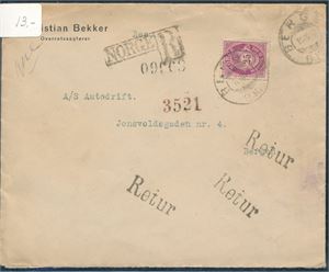 NK 104 på rek brev st "Bergen BK 19 III 20". Sendt i retur. Bak miniatystempel"Bergen BK 20 III 20". (Antar type 3, grad 6)