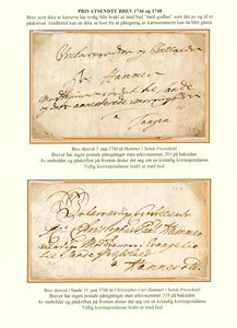 To komplette brev, fra hhv. 1746 og 1748, begge sendt privat med bud. Det ene fra "Hammer i Sande Prestekald" (1746) og det andre sendt lokalt innen Sande.