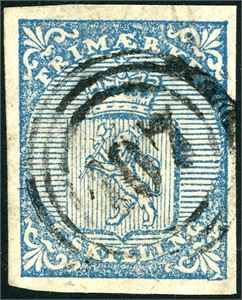 1. 4 skilling våpen 1855, anert med nummerstempel "107" (Hegebostad, VA, 10 pkt). Litt smale marger. Attest FCM.