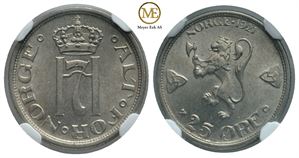 25 øre 1921 Haakon VII. Gradert til MS64 hos NGC. Kv.0