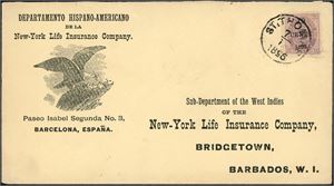 15. DWI. 7 cent 1895 Provisional on envelope to Barbados, cancelled "St. Thomas 7.1.1895" (with inverted "95" in "1895"). Arrival cds "Barbados Ja 11 96" at reverse.