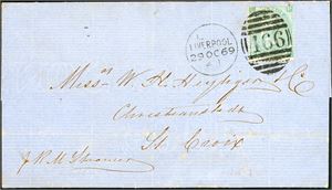 DWI. 1/- green (pl 4) on cover, cancelled "Liverpool 29 Oc 69" and sent to St. Croix. "London HR Oc 30 69" in red at reverse.