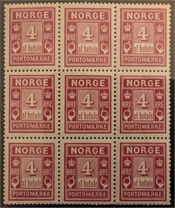 PM 9yb, Portomerke 4 øre i postfrisk 9-blokk.