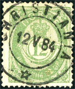 44. 12 øre mattgrønn, pent fullstemplet "Christiania 12.5.84". Attest FCM.